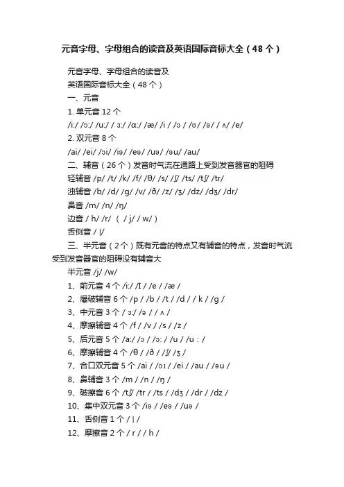 元音字母、字母组合的读音及英语国际音标大全（48个）