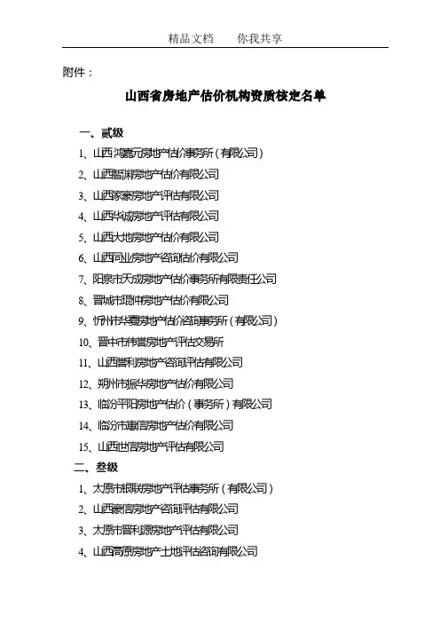 山西省房地产估价机构资质核定名单