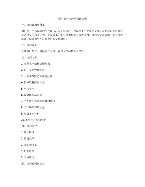 钢厂安全管理培训计划表