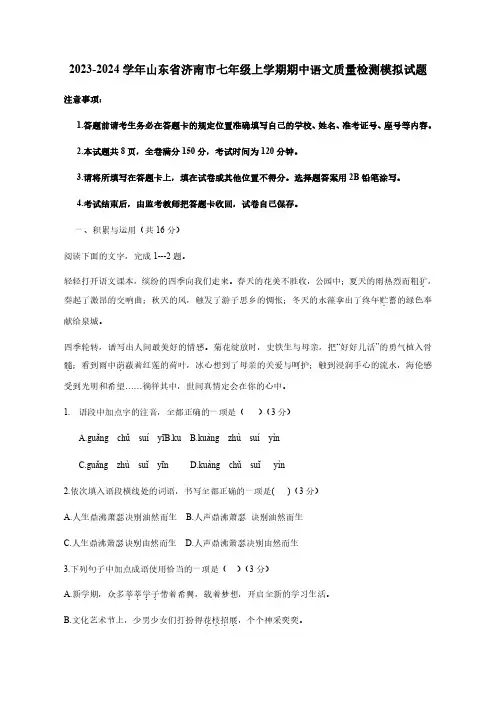 2023-2024学年山东省济南市七年级上学期期中语文质量检测模拟试题(含解析)