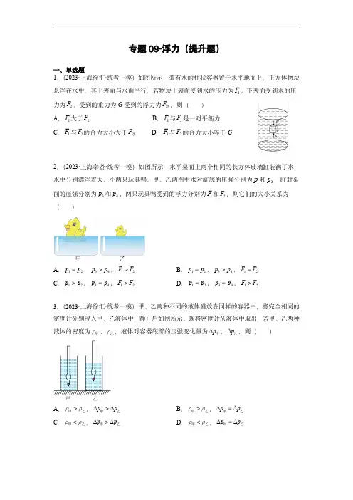专题09-浮力(提升题)：2023年中考物理一模试题分项汇编-(学生版)