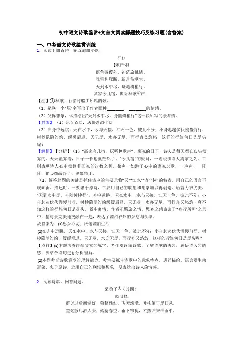 初中语文诗歌鉴赏+文言文阅读解题技巧及练习题(含答案)