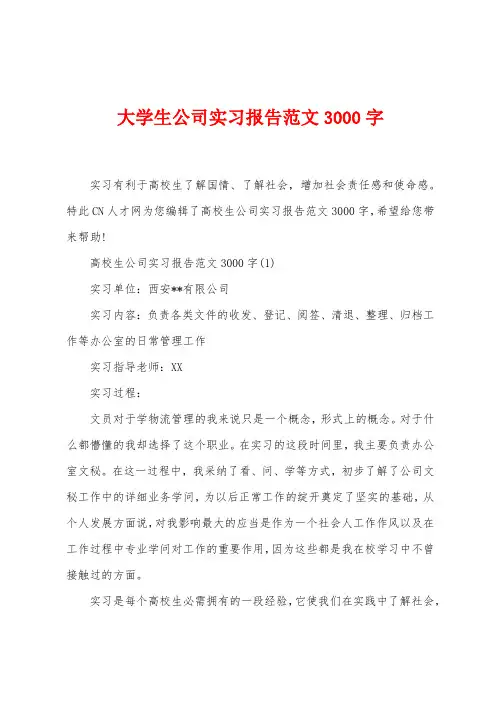 大学生公司实习报告范文3000字