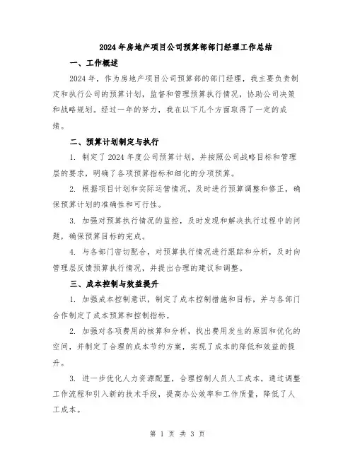 2024年房地产项目公司预算部部门经理工作总结