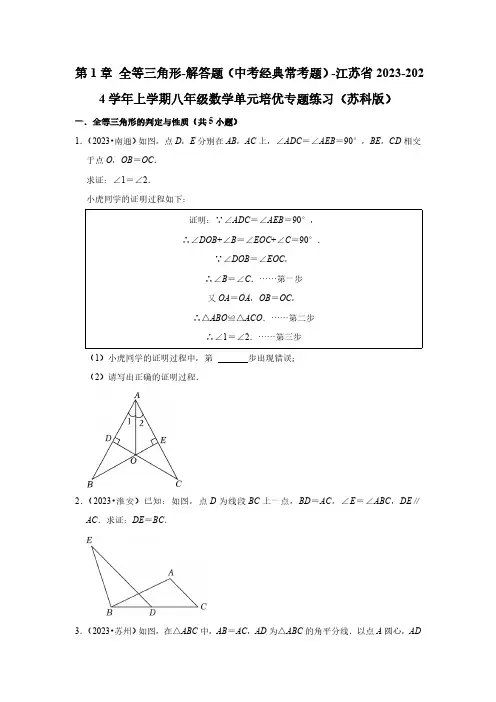 第1章 全等三角形-解答题中考经典常考题)-江苏省2023-2024学年上学期八年级数学单元培优专题