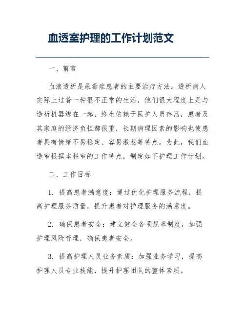 血透室护理的工作计划范文