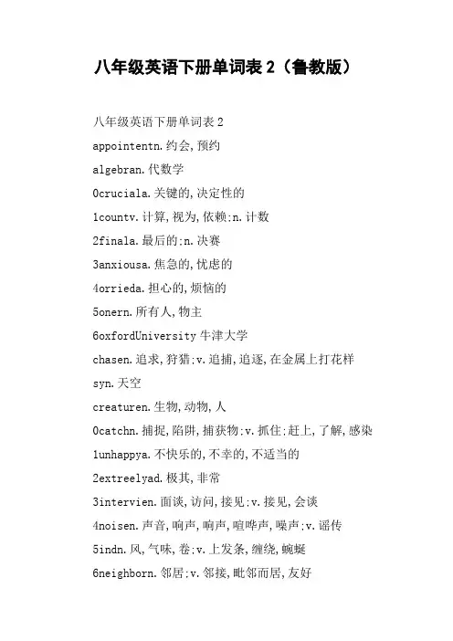 八年级英语下册单词表2(鲁教版)