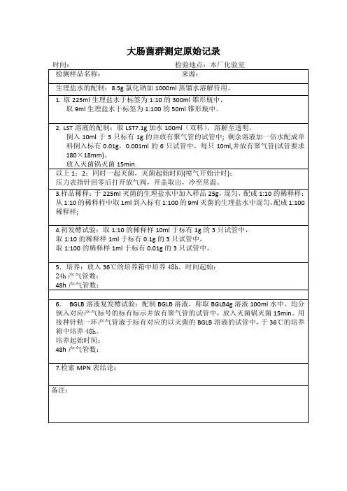 大肠菌群测定原始记录