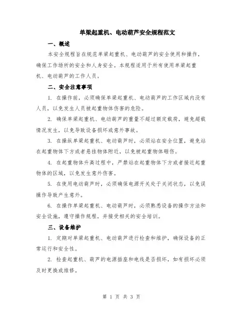 单梁起重机、电动葫芦安全规程范文