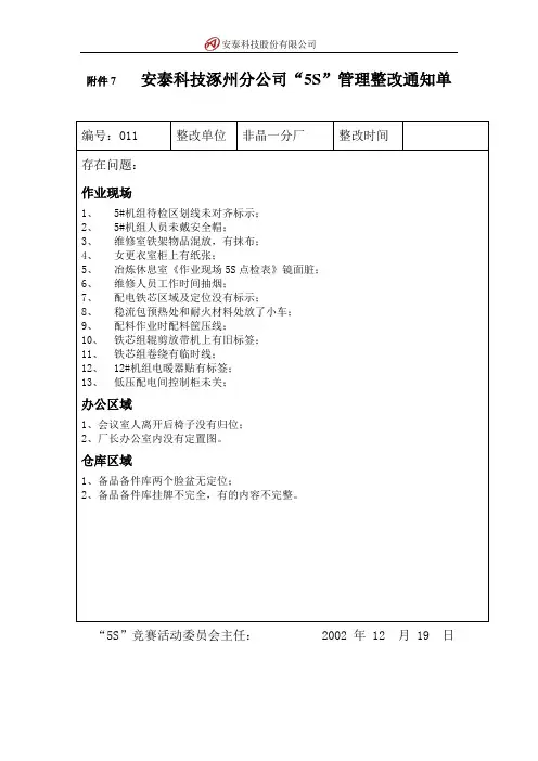 安泰科技“5s”竞赛整改通知单(非晶).doc