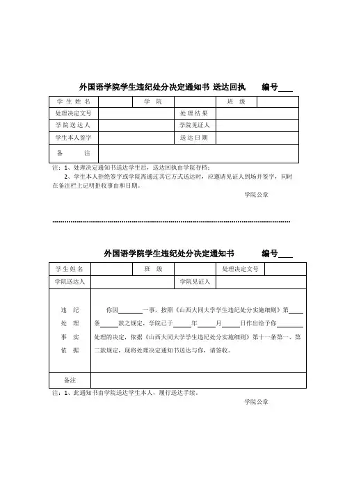 外国语学院学生违纪处分决定通知书