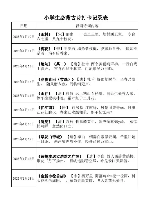 寒假、暑假小学生必背古诗打卡记录