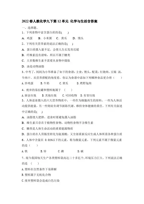 第12单元 化学与生活单元练习— 九年级化学人教版下册(word版有答案)