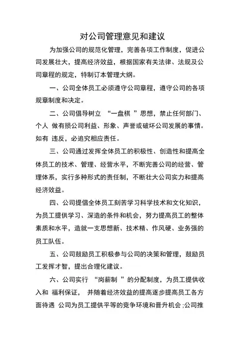 对公司管理意见和建议