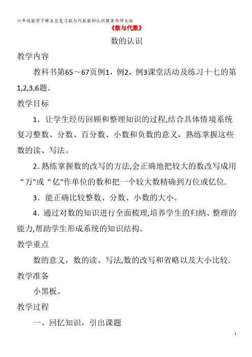 六年级数学下册五数与代数数的认识教案西师大版