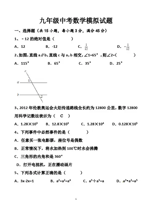 最新北师大版九年级中考数学模拟试题以及答案