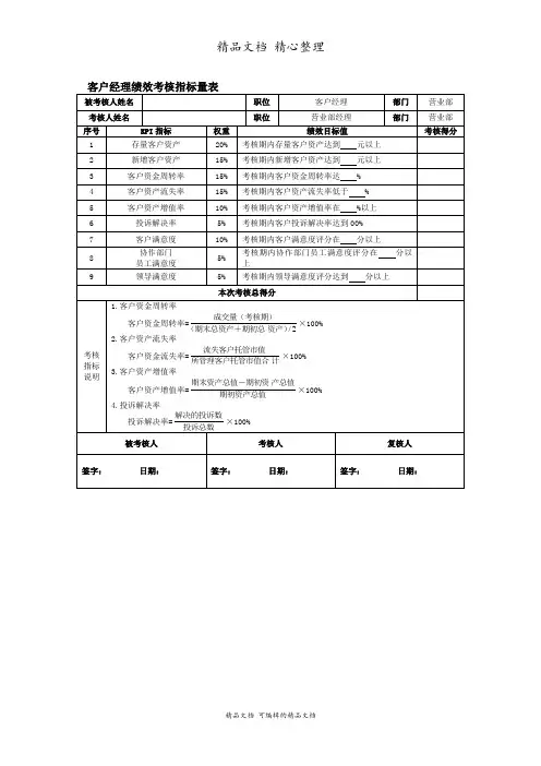 客户经理绩效考核指标量表