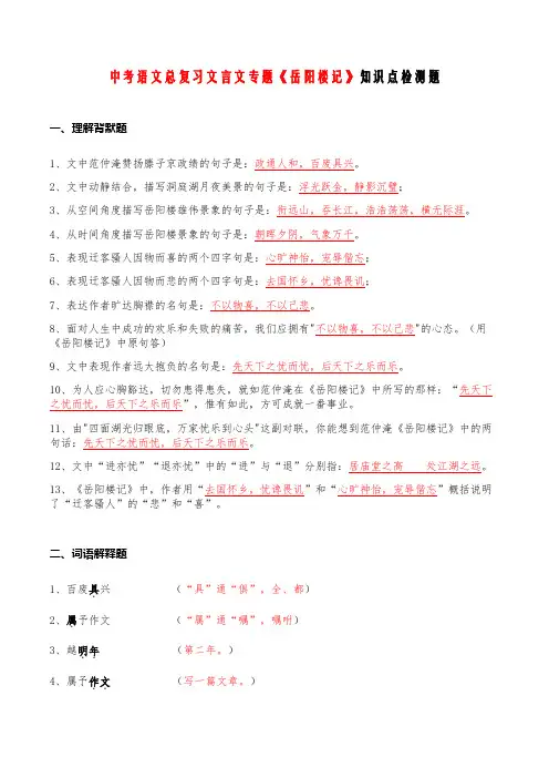 中考语文总复习文言文专题 01《岳阳楼记》知识点检测题(教师版)
