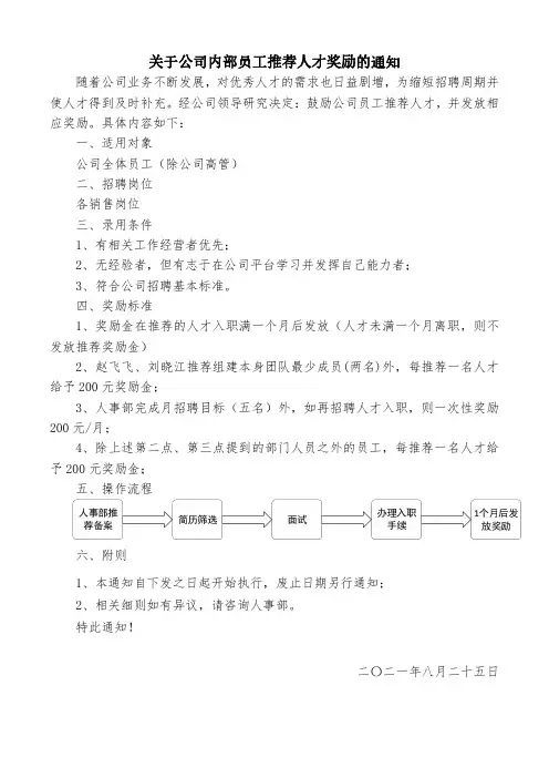 关于公司内部员工推荐人才奖励的通知