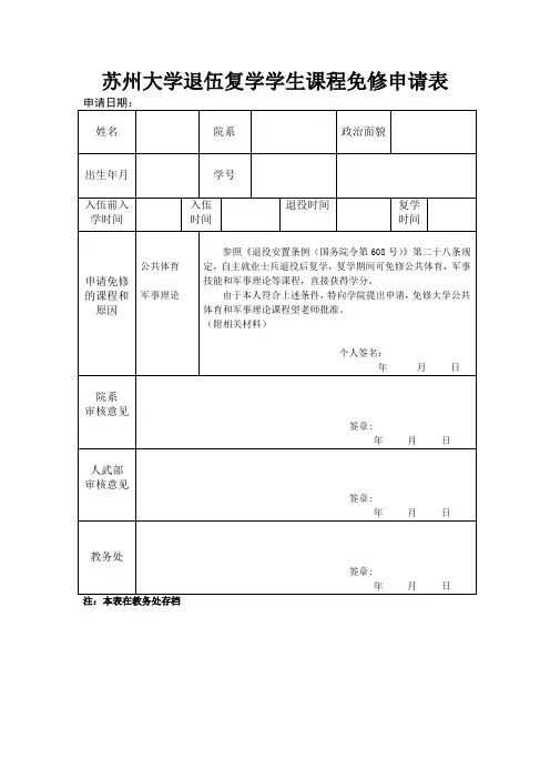 苏州大学退伍复学学生课程免修申请表(模板)