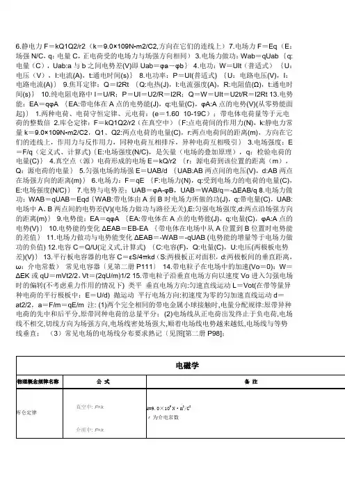 高中物理 电学所有概念 公式