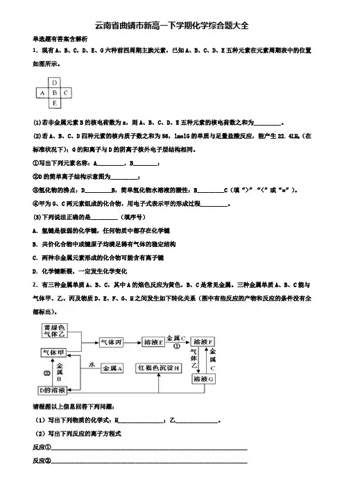 云南省曲靖市新高一下学期化学综合题大全含解析
