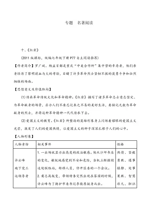 2020中考语文专题复习-名著导读之内容梳理、人物形象分析《红岩》
