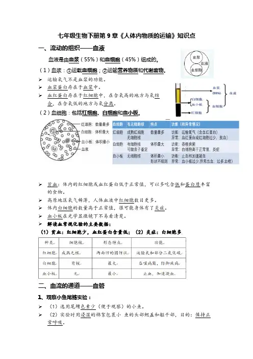 七年级生物下册第9章《人体内物质的运输》知识点