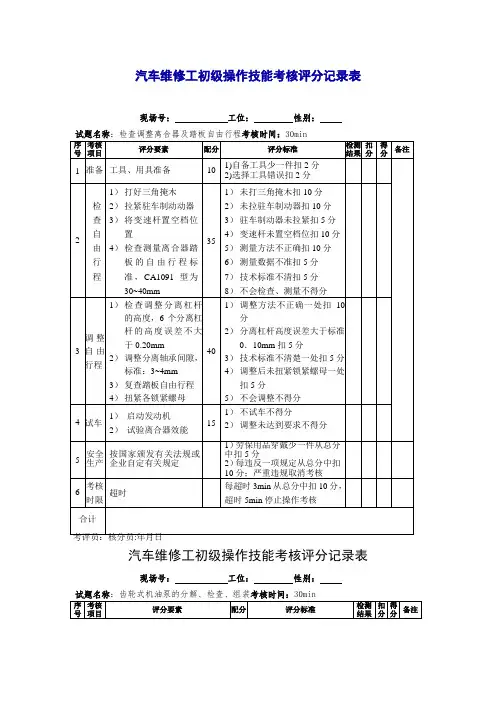 汽车维修工初级操作技能考核评分记录表