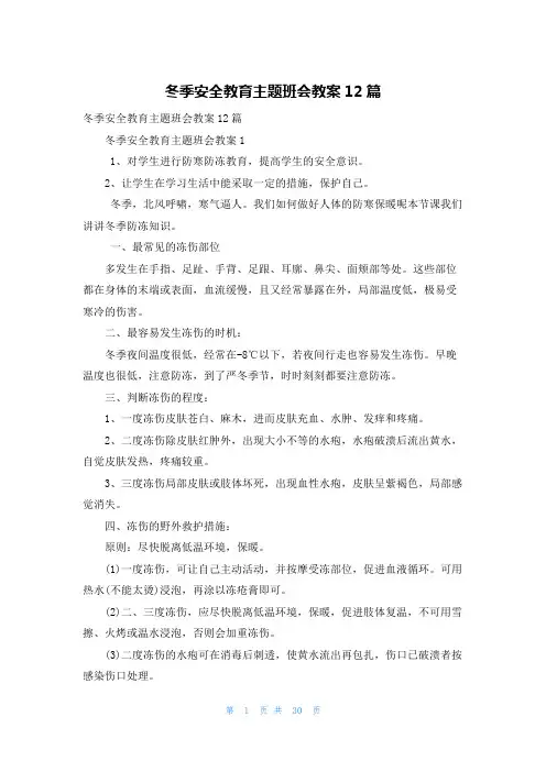 冬季安全教育主题班会教案12篇
