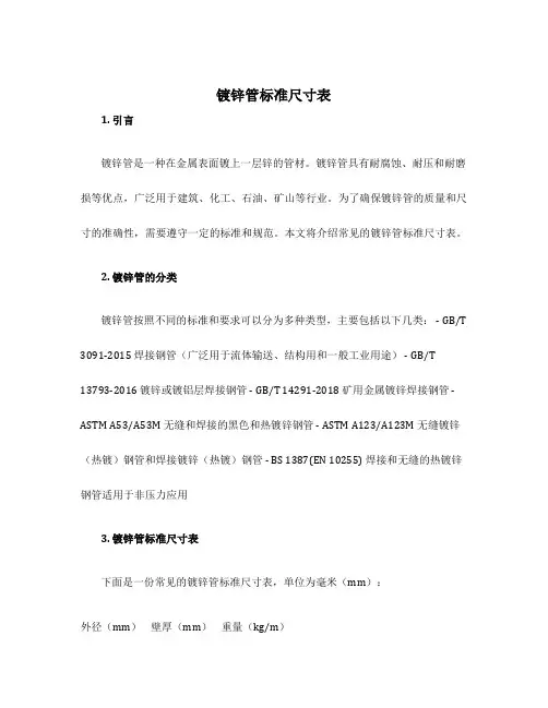 镀锌管标准尺寸表