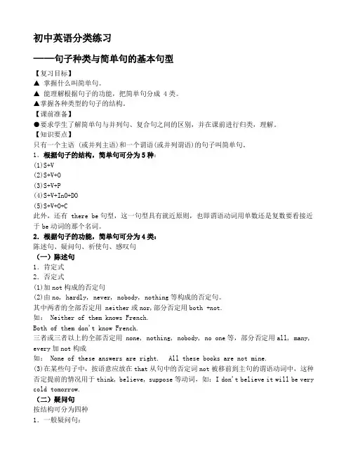 推荐初中英语分类练习—句子种类与简单句的基本句型用法详解