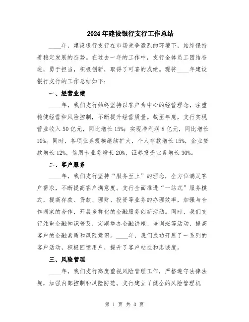 2024年建设银行支行工作总结
