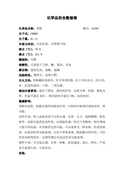 苯酚化学品安全数据表