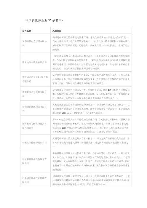 中国新能源企业30强名单