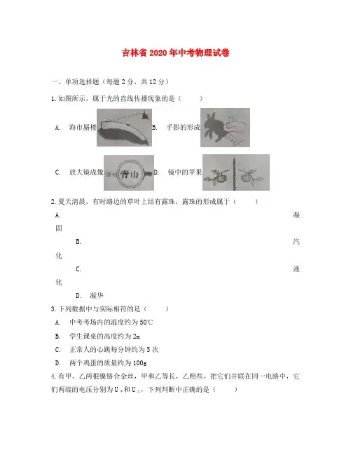 吉林省2020年中考物理真题试题(含解析)