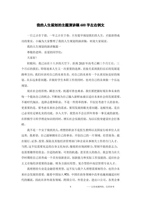 我的人生规划的主题演讲稿600字左右例文