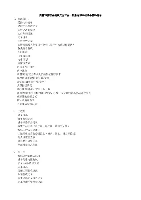 质量环境职业健康安全三合一体系内部审核准备资料清单