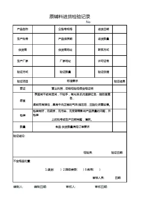食品原辅料进货检验记录