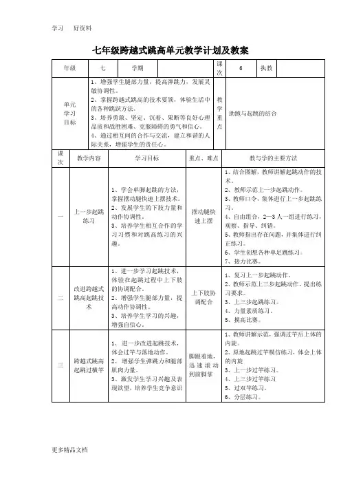 最新七年级跨越式跳高单元教学计划及教案