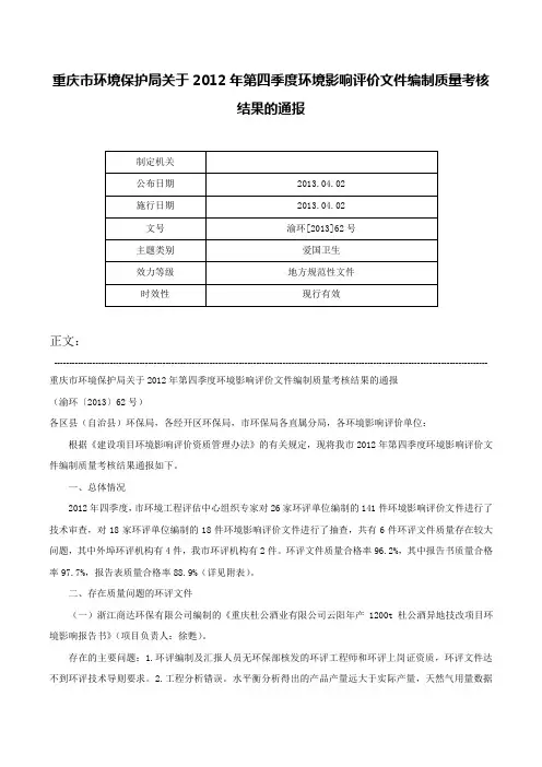 重庆市环境保护局关于2012年第四季度环境影响评价文件编制质量考核结果的通报-渝环[2013]62号