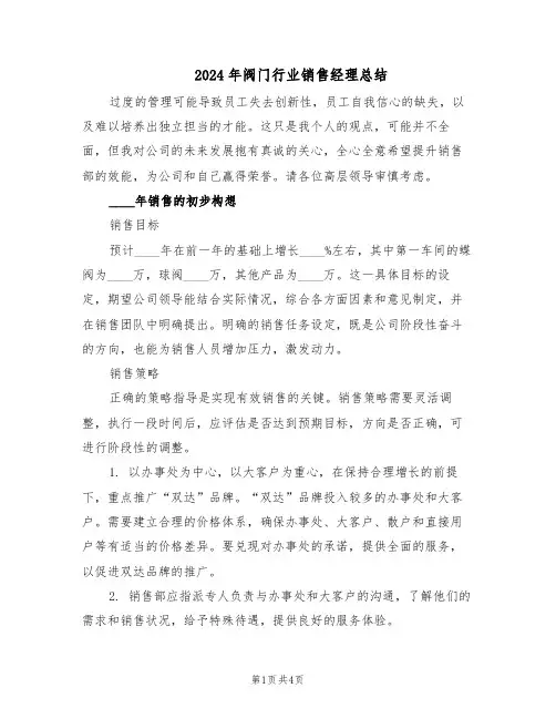 2024年阀门行业销售经理总结（二篇）