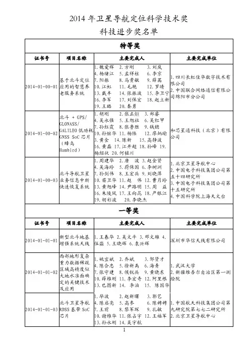 2014 年卫星导航定位科学技术奖 科技进步奖名单