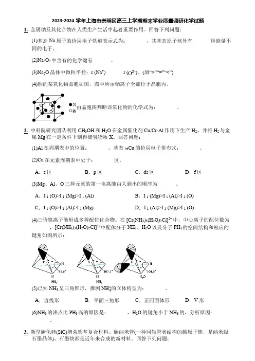 2023-2024学年上海市崇明区高三上学期期末学业质量调研化学试题