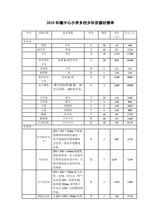 2020年度小学乡村少年宫器材配置清单