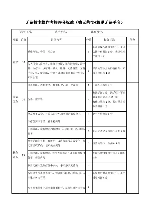 无菌技术操作考核评分标准铺无菌盘+戴脱无菌手套