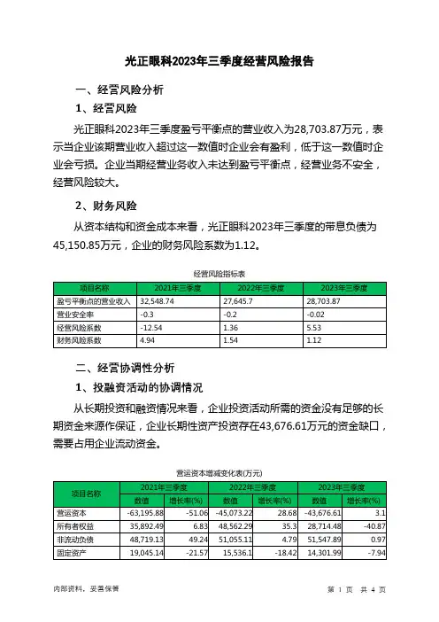 002524光正眼科2023年三季度经营风险报告