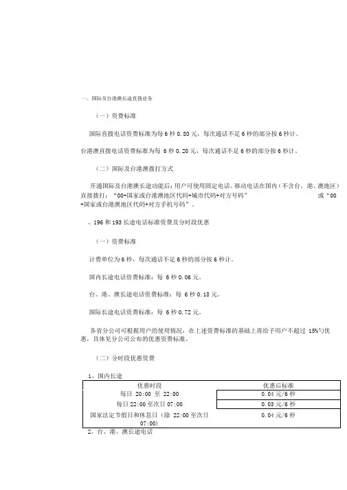 中国联通国际长途业务资费