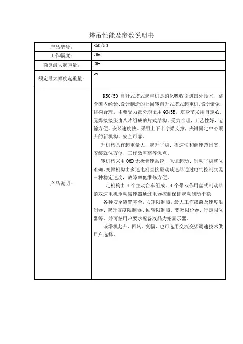 塔吊性能及参数说明书