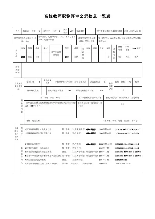 高校教师职称评审公示信息一览表
